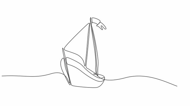 One continuous line illustration of a yacht sailing, isolated on white background,Minimalist continuous one line drawing of a sailboat on the ocean waves