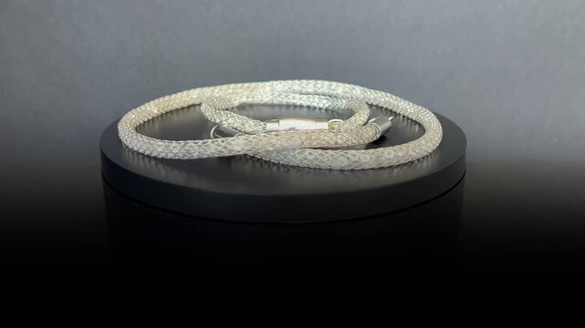 Collar y pulsera plateadas girando 360 grados sobre base negra