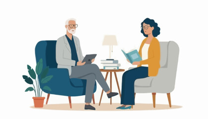 Fototapeta premium Diverse generation individuals, an older man with a tablet and a woman with a book, peacefully engaged in reading and learning in a relaxed, illustrative living room setting