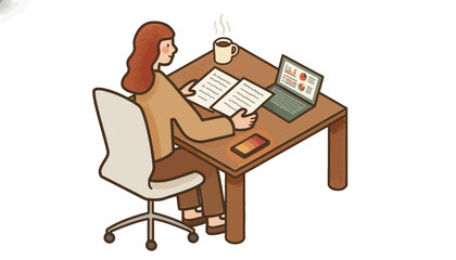 Fototapeta premium Young woman working on a laptop with documents and a coffee mug on her desk in a cozy home office environment