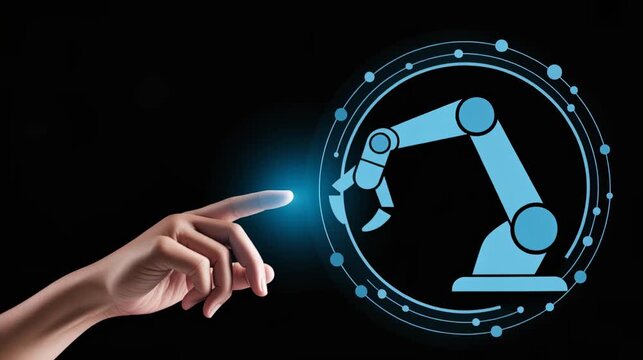Hand interacting with holographic robotic arm interface icon glowing 