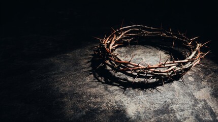 Fototapeta premium sacrifice. A symbolic crown of thorns resting on a dark surface, representing Christian sacrifice and devotion. event programs. 
