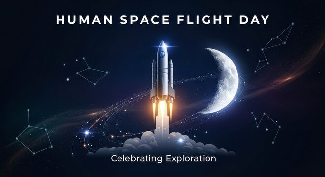 International Day of  Human Space  Flight , Space rocket launch at night with Earth and crescent moon backdrop for exploration concept