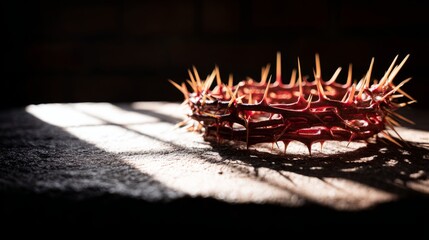 Fototapeta premium sacrifice. A symbolic crown of thorns resting on a dark surface, representing Christian sacrifice and devotion. event programs. 