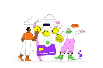 Obraz premium Mobile Payment and Digital Wallet Transaction Illustration with Diverse Creative Team and Online Banking Concept
