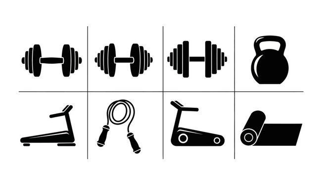 Fitness Equipment Icons: Dumbbells, Kettlebell, Treadmills, Jump Rope, Yoga Mat