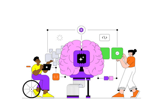 Artificial Intelligence and Machine Learning Automation Illustration with Diverse Inclusive Team