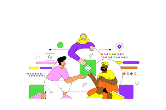 Cloud Computing and Data Storage Illustration with Diverse Tech Team and Database Management Concept