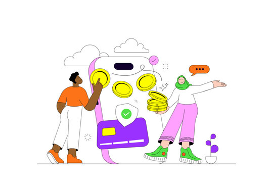 Mobile Payment and Digital Wallet Transaction Illustration with Diverse Creative Team and Online Banking Concept