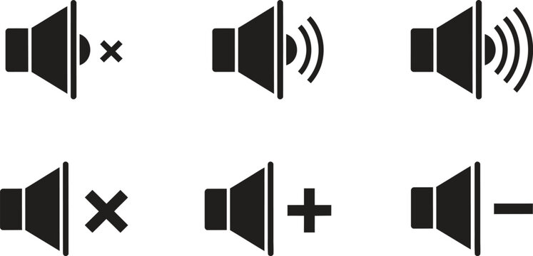 A set of black icons depicting various sound and volume control symbols on a white background