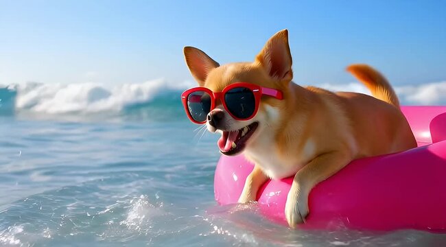 Adorable chihuahua dog enjoying a sunny day on a float in the ocean waves