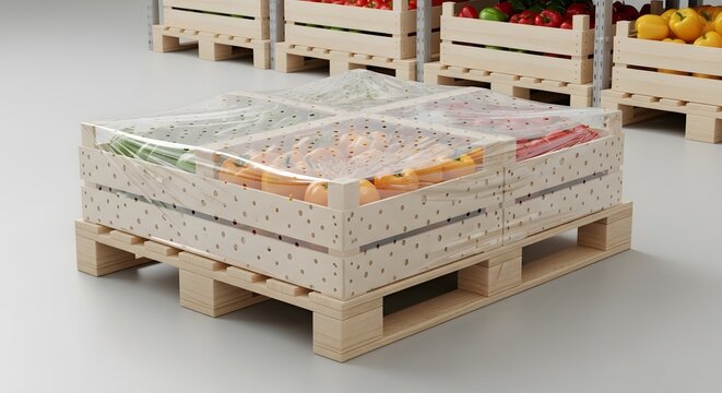 wooden pallet display with stone-like texture showcasing fresh fruits for market