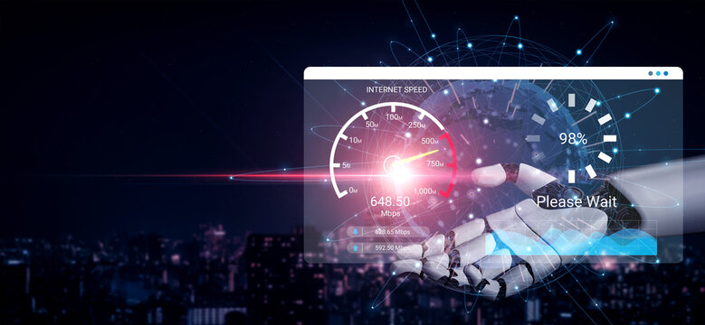 A futuristic digital interface showcasing internet speed measurement with a robotic hand in a dark cityscape, highlighting network connections and data analytics in a modern setting. Ledger