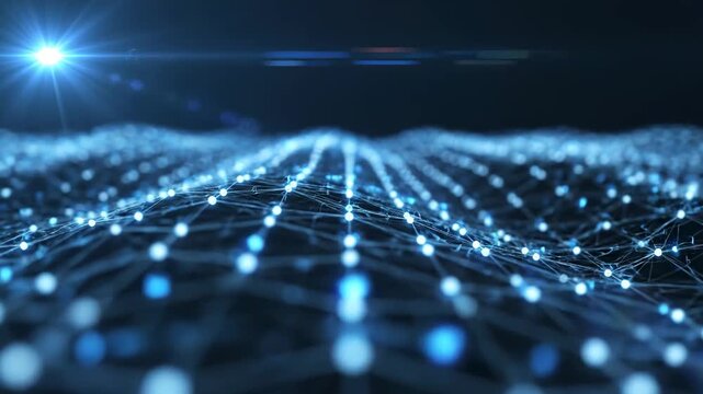 Futuristic Digital Network Wave with Glowing Blue Nodes and Lens Flare for Technology Presentations and Cybersecurity Backgrounds.