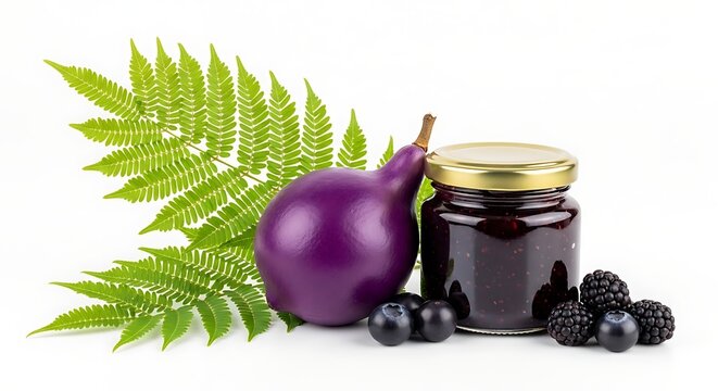 Jacu fruit with leaves and jam purple dark berries With shadow. AI GENERATED.