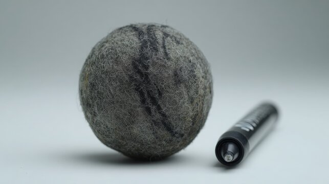 Gray felted wool ball eraser with faint smudges of dry erase marker on a white surface with a marker end