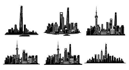 Obraz premium Modern City Skyline Silhouettes Collection: Diverse Architectural Styles, Urban Landscapes
