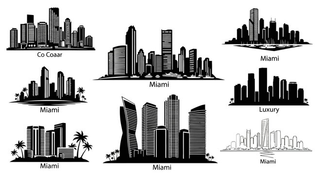 Miami Skyline Silhouettes: Diverse Cityscape Vector Illustrations