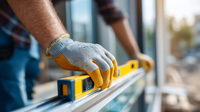 Close-up of a hand (faceless) in a clean glove placing a spirit level on top of a newly installed window frame, Installation Precision concept, sharp focus on the air bubble and th