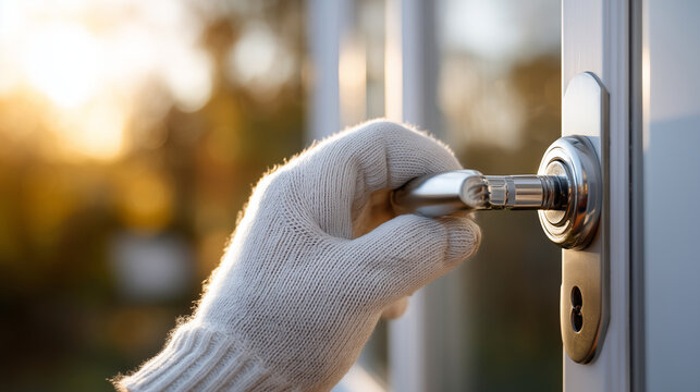 Close-up of a hand (faceless) in a clean white knit glove installing a new ergonomic silver window handle onto a PVC door, Window Hardware concept, sharp focus on the metallic fini