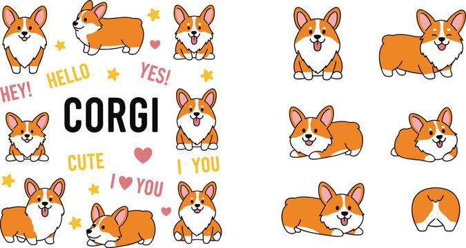 Cute corgi dog cartoon characters set with different poses, expressions and playful puppy illustrations vector collection
