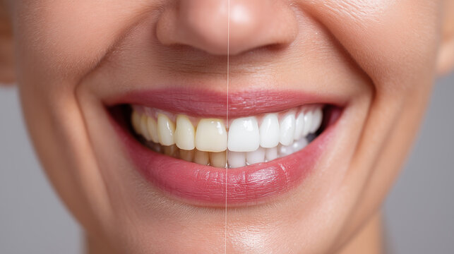 Realistic close-up of a smiling female mouth, divided vertically into two halves. Left side: yellow teeth with visible plaque and discoloration, slightly uneven tone. Right side: b