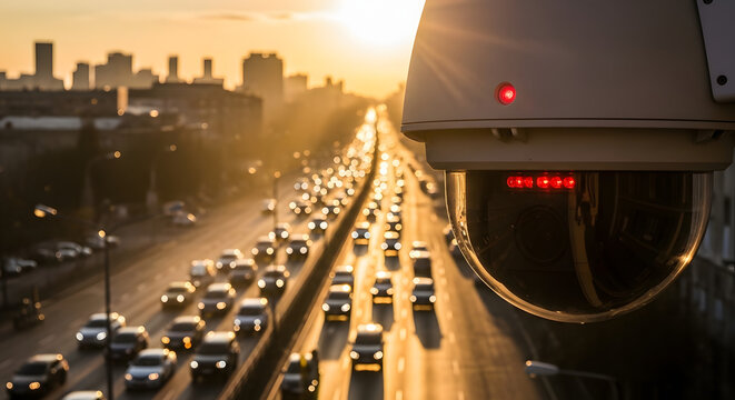 Close-up of security camera monitoring traffic on busy highway at sunset - Generative-AI