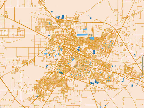 Minimal city map of Hisar, India with cream map with golden roads