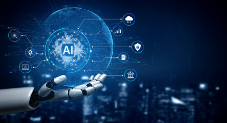 Obraz premium Multimodal AI artificial intelligence connects data, analytics and communication to deliver timely insights and smarter business strategies. Corpus