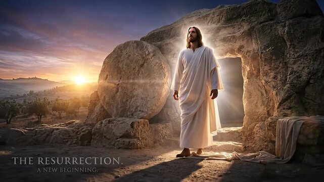 Glorious Savior manifest: divine resurrection, Jesus rise, Easter revival, holy victory, sacred moment, light ascend, spirit awaken, new life, hope dawn, tomb empty, peace bring, grace reveal.