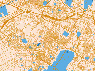 Fototapeta premium Minimal city map of Karol Bagh, India with golden linework with blue water