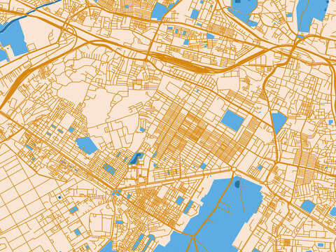 Minimal city map of Karol Bagh, India with golden linework with blue water