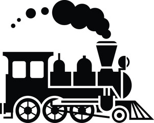Steam locomotive silhouette illustration with smoke, vintage train engine vector icon, railway transport concept, classic industrial vehicle design isolated on background © ASIK HASAN