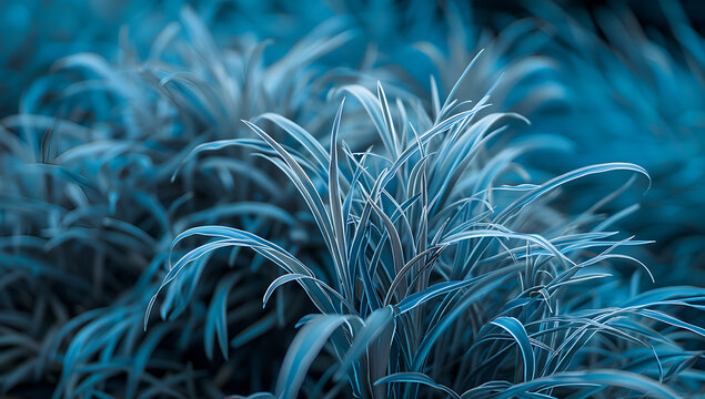 Mystical blue-toned ornamental grass in a dense meadow, moody nature abstract background