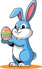 Obraz premium A cute blue bunny holds a colorful Easter egg, perfect for spring and Easter-themed visuals. Bright, cheerful, and ideal for commercial use.