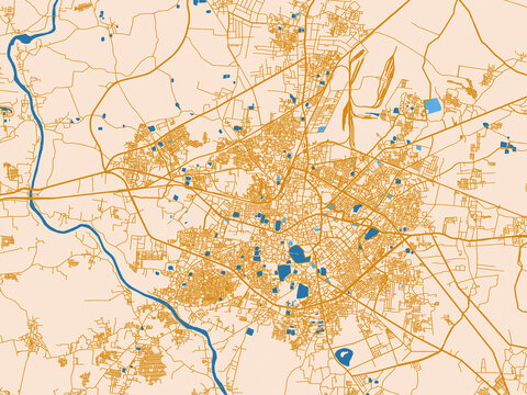 Street network map of Raipur, India, golden linework with blue water