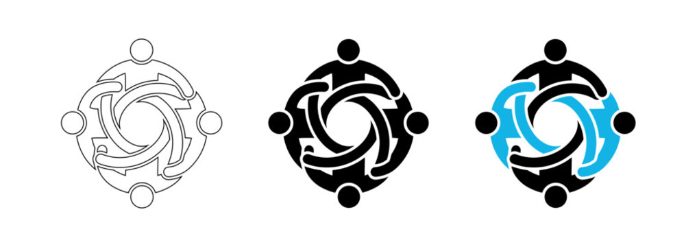 Modern minimalist community unity vector icon set featuring four interlocking human figures for collaboration and teamwork