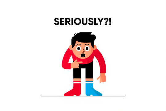 Expressive cartoon man with "SERIOUSLY?!" text showing shock and disbelief on a clean white background