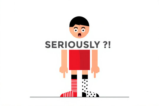 Surprised Flat Design Man with "SERIOUSLY ?!". Text Pointing Down at Mismatched Socks
