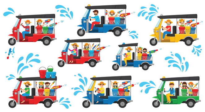 Songkran festival water fight in thailand tuk tuk, people splash water, travel traditional new year in thailand.