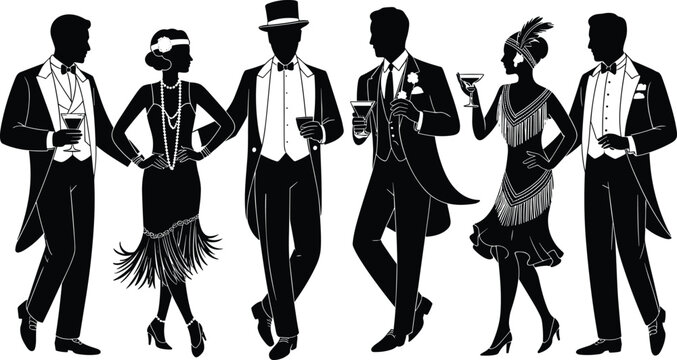 Roaring Twenties silhouettes, flapper dresses, vintage suits, jazz age party, 1920s fashion, elegant gathering, retro celebration, social drinking, vintage lifestyle scene