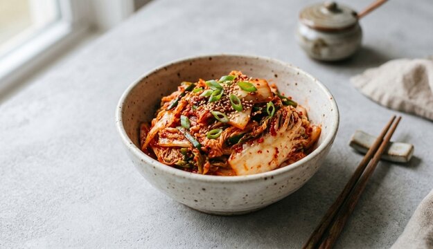 Authentic Korean kimchi served in a rustic ceramic bowl with chopsticks. Healthy fermented cabbage side dish on a grey stone surface, daylight view.