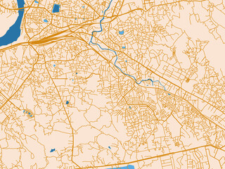 Fototapeta premium Street network map of Ulhasnagar, India, featuring warm cream background with golden road lines and bright blue water in a clean flat cartographic style