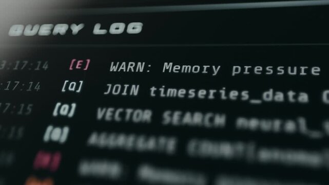 Live Query Log, scrolling SQL queries streaming past at realistic speed with color-coded types