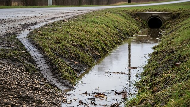 Muddy drainage ditch filled with water runs alongside a gravel road. A concrete culvert passes under the road, allowing water flow.
