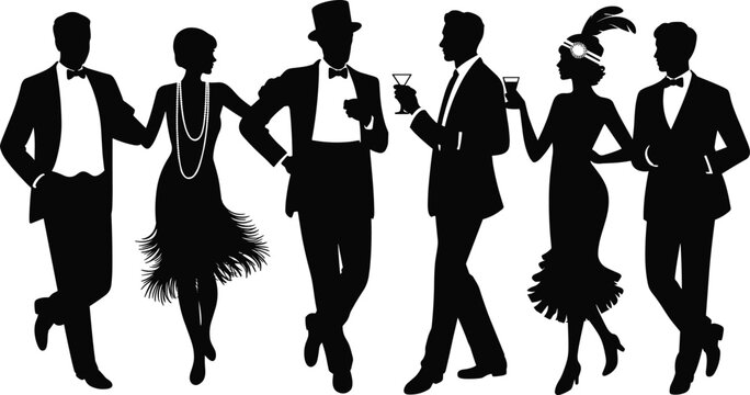 Roaring Twenties silhouettes, vintage fashion illustration, flapper dress design, cocktail party scene, elegant suits, Gatsby style, retro glamour, social celebration