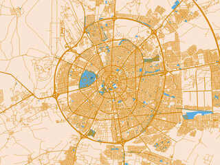 Obraz premium Street network map of Erbil, Iraq, golden linework with blue water