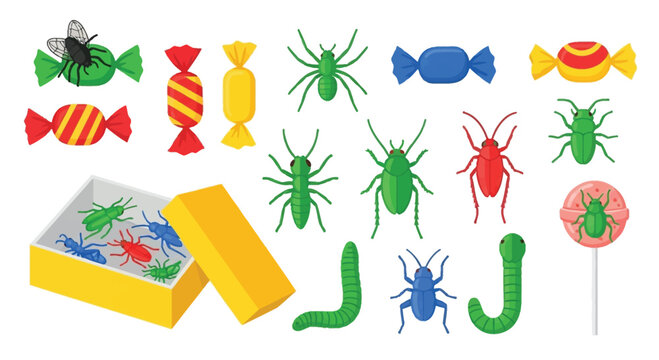 Realistic bug infested candy and creepy crawly sweets collection for halloween treats or prank snacks.