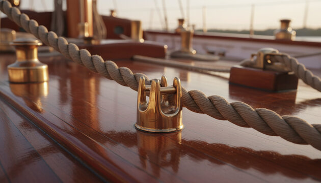 Polished bronze turnbuckle and rigging rope on classic wooden sailing yacht