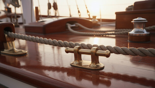 Polished bronze turnbuckle and rigging rope on classic wooden sailing yacht